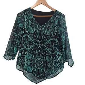 Vintage Y2K Floral Blouse Women Med Green Blk Whimsygoth Fairy Boho Beaded Sheer